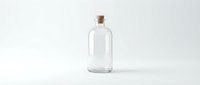 Empty glass bottle with cork stopper on white background, isolated transparent container for cosmetics, medicine or craft projects.