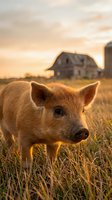 Young brown pig standing in rural farmland at golden hour sunset with barn and silo in soft focus background, suitable for agriculture and farm lifestyle content.