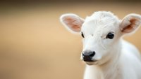 Adorable white calf with pink ears looking at camera against warm beige background. Farm animal portrait with copy space for agricultural content.