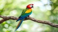 Vibrant scarlet macaw perched on tree branch displaying colorful plumage of red, yellow, blue and green feathers against soft bokeh natural background.