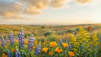 Wildflower meadow at golden hour with purple lupines and orange poppies blooming across rolling hills under dramatic sunset sky, suitable for nature and landscape backgrounds.