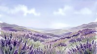 Lavender field landscape with rolling hills and purple flowering plants under cloudy sky, suitable for nature backgrounds, wellness, and travel design projects.