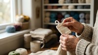 Mature woman with medium skin tone holding knitted fabric swatch in cozy home craft room with shelves, natural window light, yarn supplies, and organized workspace for knitting hobby.
