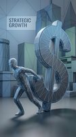Futuristic businessman pushing large dollar sign in geometric low poly environment representing strategic growth and financial success in business.
