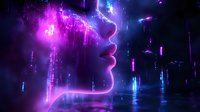 Glowing neon profile silhouette with cascading light effects in purple and blue hues against dark background, creating futuristic cyberpunk atmosphere.