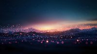 Magical glowing particles floating over dark landscape at twilight, creating ethereal atmosphere with bokeh lights and starry sky in purple and orange hues.