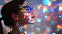Young woman with glowing holographic face paint and sparkles against blurred bokeh lights background creating magical atmospheric portrait in profile view.