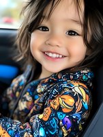 Cheerful young Asian child with bright smile wearing colorful patterned clothing, sitting in car seat. Natural lighting highlights genuine expression and joy.