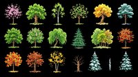 Watercolor trees collection featuring spring blossoms, summer foliage, autumn colors, and winter evergreens. Isolated on transparent background, ready for clipart, t-shirt design, print-on-demand, stickers, and sublimation projects.