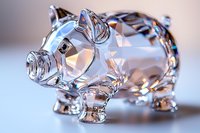 Crystal glass pig figurine with light reflections and refractions creating prismatic effects, decorative collectible on soft background.
