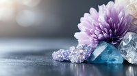 Purple chrysanthemum bloom with healing crystals and amethyst clusters on textured surface in soft dreamy light, wellness and spiritual harmony concept.