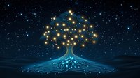 Glowing tree with luminous branches against starry night sky, roots forming digital circuit patterns in blue neon light, symbolizing technology and nature connection.