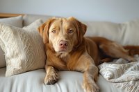 Nova Scotia Duck Tolling Retriever lying on white couch with knitted pillows, looking directly at camera with alert amber eyes, displaying calm relaxed posture.