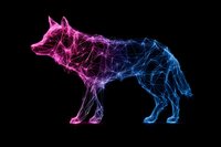 Glowing wolf silhouette created from connected geometric lines and dots transitions from pink to blue neon colors against black background, modern digital art style.