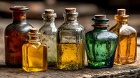 Collection of vintage glass bottles with cork stoppers containing colorful liquids on rustic wooden surface for apothecary and laboratory themes.