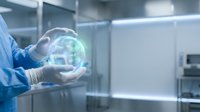 Scientist in blue lab coat and gloves holding glowing digital globe, representing global technology, environmental sustainability, and innovation in modern laboratory setting.