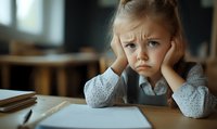 Young girl with frustrated expression sitting at desk with homework, hands on cheeks, wearing gray sweater. Emotional portrait showing childhood learning challenges.