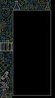 Scientific laboratory equipment border frame with molecular structures, test tubes, microscopes and chemical formulas on black background for research presentations.