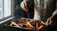 Chef seasoning roasted root vegetables with herbs on baking tray by kitchen window. Professional cooking preparation for healthy meal service.