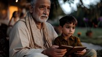 Elderly Middle Eastern grandfather and young grandson bonding while using digital tablet together outdoors in evening light for family technology education.