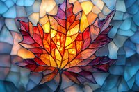 Vibrant autumn maple leaf backlit with glowing orange and yellow light against mosaic blue background creates dramatic seasonal nature artwork for wall decor and greeting cards.