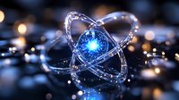 Glowing blue energy core surrounded by luminous orbital rings against dark background with scattered light bokeh effects creates futuristic scientific atmosphere.
