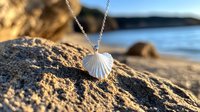 Silver shell pendant necklace resting on sandy beach rock with ocean and coastline in soft focus background, perfect for jewelry, fashion, and coastal lifestyle marketing.