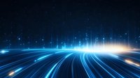 Futuristic light trails on dark background with glowing blue streaks and horizon perspective create dynamic motion effect for technology concepts.
