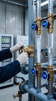 Technician in white gloves adjusting brass valve on industrial water system with digital flow meters in modern facility for maintenance and plumbing work.