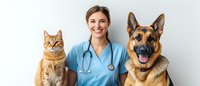 Female veterinarian in blue scrubs and stethoscope posing with ginger cat and German Shepherd dog against white background, showing happy professional care.