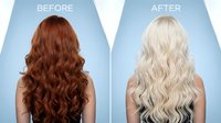 Hair transformation showing dramatic color change from brunette to platinum blonde with long wavy hairstyle before and after comparison.