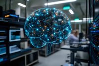Glowing digital brain visualization with blue neural network connections floating in modern technology laboratory environment against server room background.