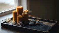 Lit golden candles arranged on dark tray with stones and dried flowers by window, creating warm ambient lighting for home decor, relaxation, spa, wellness, meditation, or interior design projects.