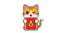 Cute orange tabby cat with white markings holding red lucky money envelope with gold coin symbol, isolated on white background for design use.