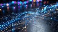 Digital network connections with glowing data streams and geometric patterns against colorful bokeh lights background for technology presentations.