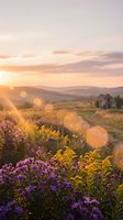 Stunning sunset over countryside meadow with purple wildflowers and golden light rays creating magical atmosphere across rolling hills and farmhouse landscape.