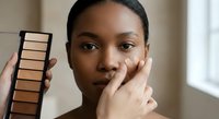 Young African American woman applying makeup with eyeshadow palette, beauty routine and cosmetics application for skincare and self-care lifestyle.