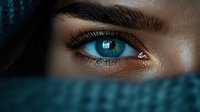Close-up macro shot of bright turquoise blue eye with long eyelashes and defined eyebrow, partially covered by dark blue fabric, dramatic lighting creates mystery.