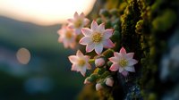 Delicate pink cherry blossoms blooming on moss-covered tree branch during golden hour sunset with soft bokeh background for spring nature photography.