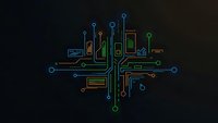 Digital circuit board design with colorful neon lines and connection points on dark background for technology presentations and electronic concepts.