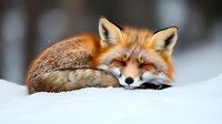 Red fox sleeping curled up in white snow during winter, showing peaceful expression with closed eyes and fluffy fur coat in natural forest habitat.