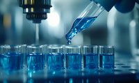 Blue liquid being pipetted into laboratory test tubes during scientific research experiment in modern medical facility with automated equipment.