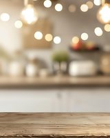 Rustic wooden table surface with blurred kitchen background and soft bokeh lights creating cozy atmosphere. Empty space for product display or mockup.