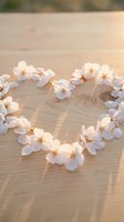White cherry blossoms arranged in heart shape on wooden surface with warm sunlight creating romantic spring atmosphere for wedding or love concepts.