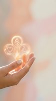 Hand holding glowing neon icons representing health, wellness, and personal growth with warm light effect against soft blurred background.