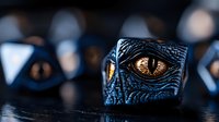 Macro shot of reptilian eye with detailed blue scales and golden iris showing intricate texture and pattern against dark background, dramatic lighting.