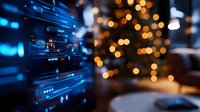 Futuristic digital interface with glowing blue data streams against blurred golden bokeh lights creating modern technology contrast background.