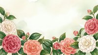 Watercolor camellia flowers border with pink and white blooms on soft green background, copy space for text, wedding or greeting card design.