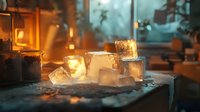 Glowing ice cubes on rustic surface with warm ambient lighting, creating cozy atmosphere in blurred interior background.