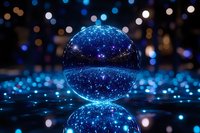Glowing crystal ball reflecting starry night sky with blue bokeh lights on dark reflective surface creates magical atmosphere for mystical designs.